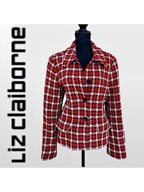 LIZ CLAIBORNE Vintage Wool Blend Houndstooth Peplum Maroon Orange Jacket (XL)